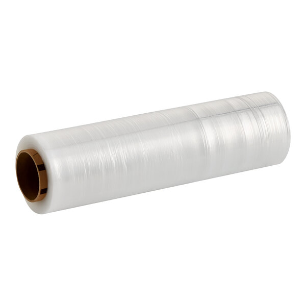 A roll of clear hand pallet wrap or stretch film with a cardboard core.