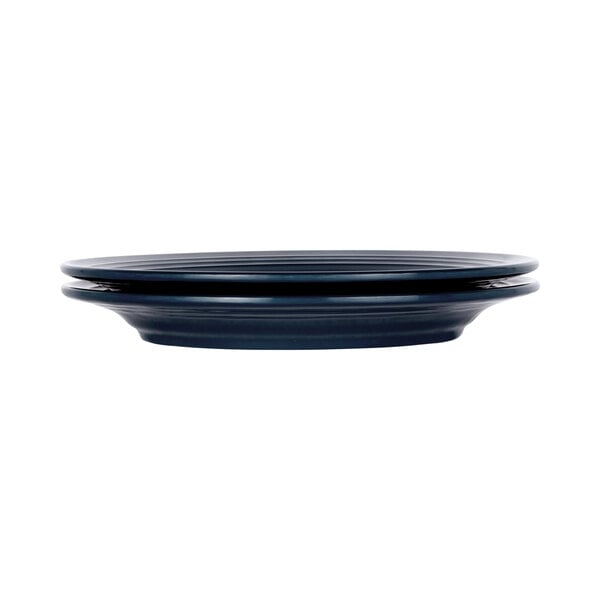 Abyss and lapis blue Elite Global Solutions melamine plate with a black rim.