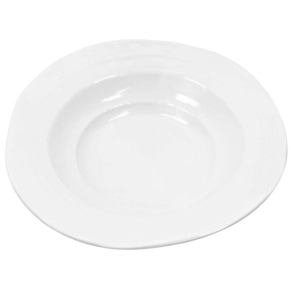 A white irregular round melamine bowl.