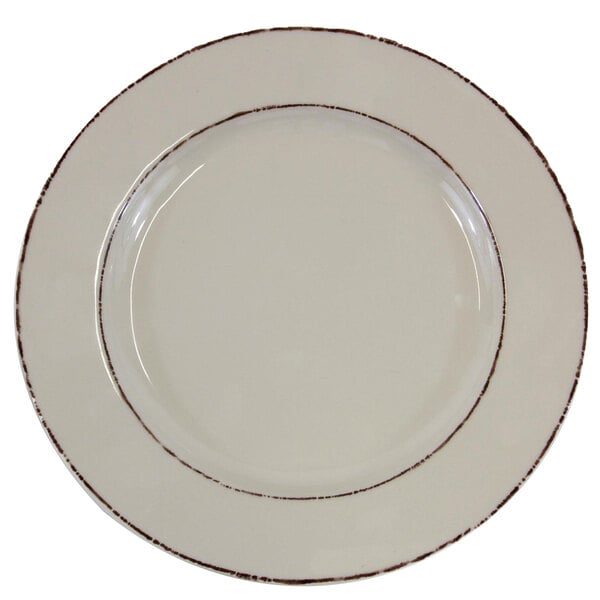 A white Elite Global Solutions melamine plate with brown trim.