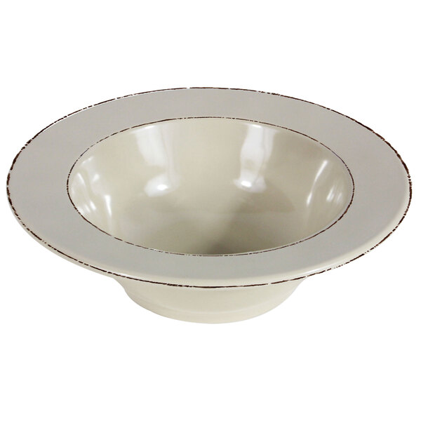 A white melamine bowl with a brown double-line rim.