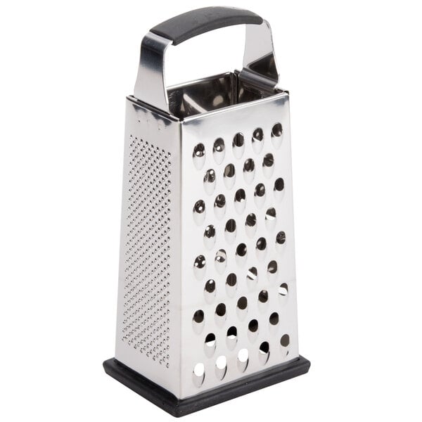A Tablecraft stainless steel 4-sided box grater with soft grip handles.