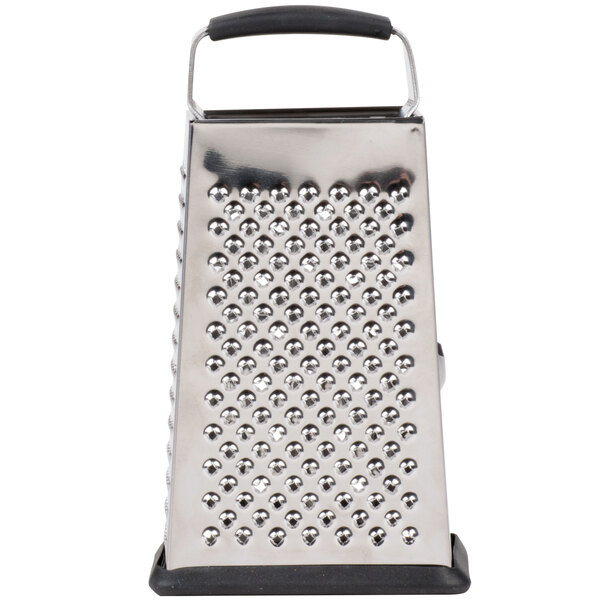 A Tablecraft stainless steel box grater with a black handle.