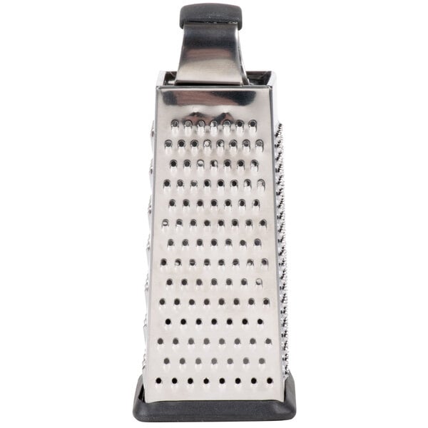A close-up of a Tablecraft stainless steel box grater with soft grip.
