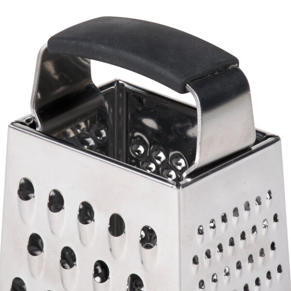 A Tablecraft stainless steel box grater with a soft grip handle.