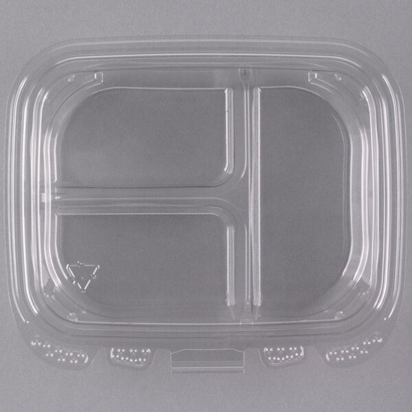 A clear plastic take out container lid with three compartments, made from recycled PET material.