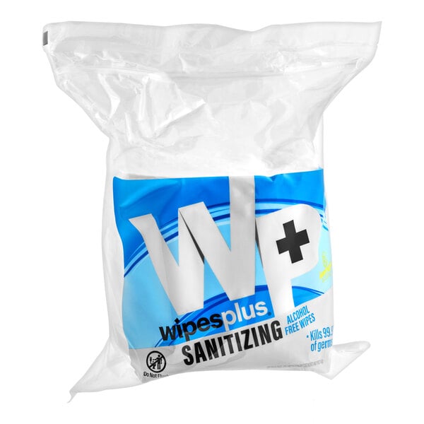 A sealed plastic bag containing sanitizing wipes with blue and white labeling.