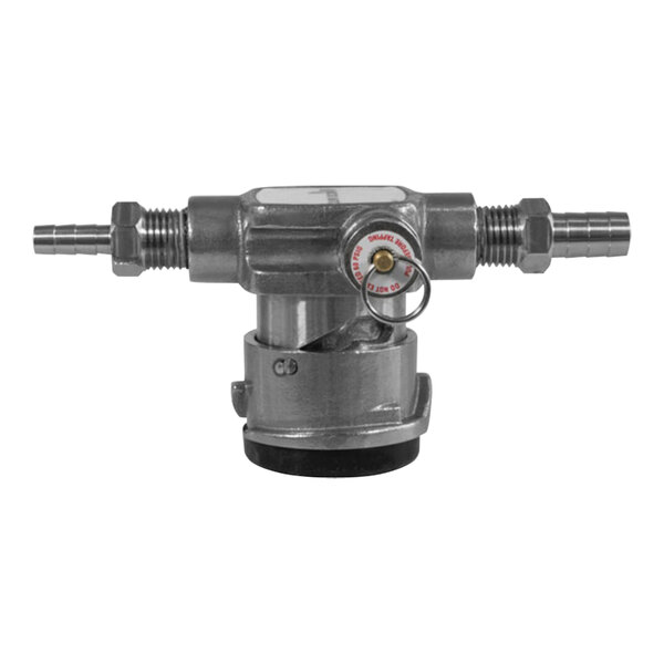 A close-up of a Micro Matic "D" System beer keg coupler valve.