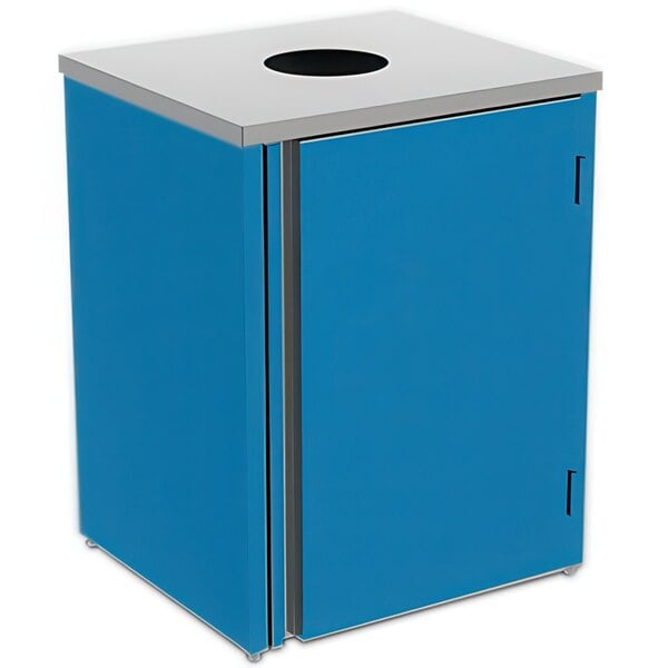 A Lakeside rectangular refuse station with a blue laminate finish and a hole in the top for trash.