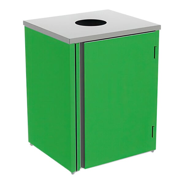 A green and stainless steel rectangular refuse station with a hole in the top.