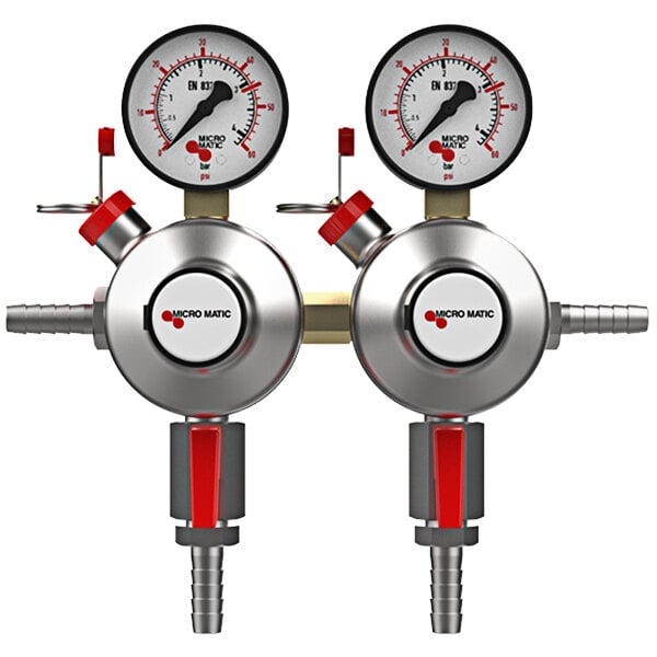 A close-up of the Micro Matic Premium Plus Dual Gauge Low-Pressure Regulator with a red and white gauge background.