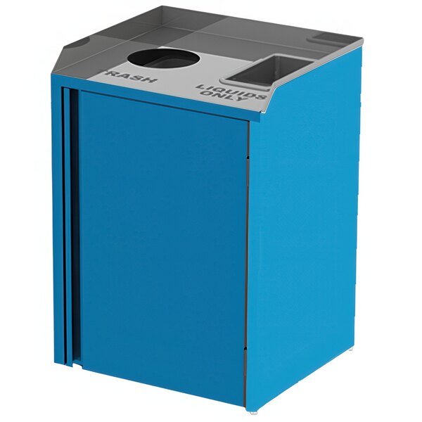 A blue rectangular Lakeside refuse station with top access and two holes.