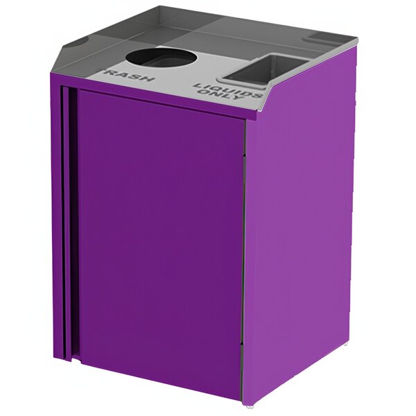 A purple rectangular stainless steel refuse station with top access and two compartments.
