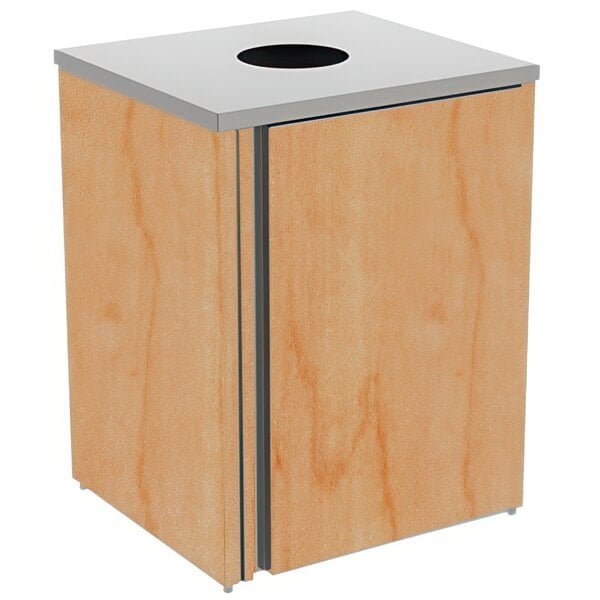 A Lakeside stainless steel rectangular refuse station with a hard rock maple laminate finish and a metal door over a hole in a wood surface.