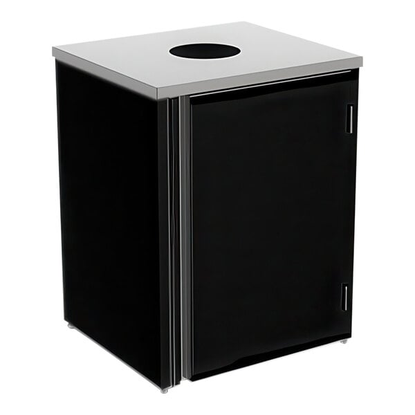 A black and silver Lakeside stainless steel refuse station with a black top and a hole in the top.