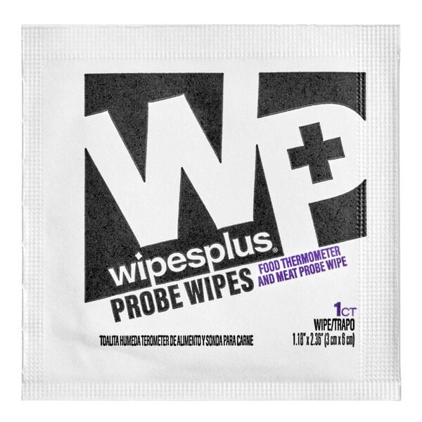 A single individually packaged wipe labeled for sanitizing food thermometers and meat probes.