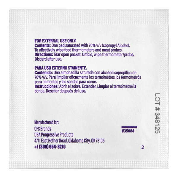 A white packet with printed instructions in English and Spanish for an isopropyl alcohol wipe, including usage directions and manufacturer information.