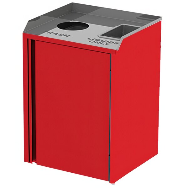 A Lakeside red rectangular stainless steel refuse station with a silver top and two doors.