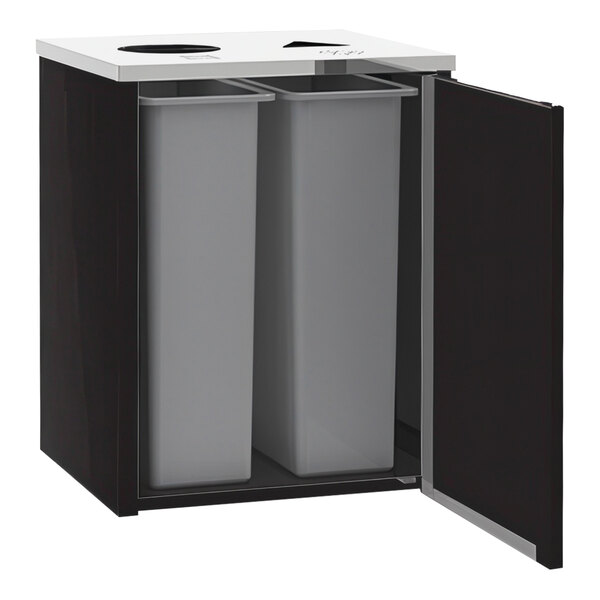 A white rectangular Lakeside refuse and recycling station with a black border and two black top access lids.