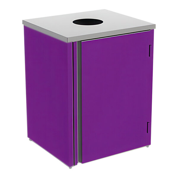 A Lakeside purple laminate refuse station with a stainless steel top and door.