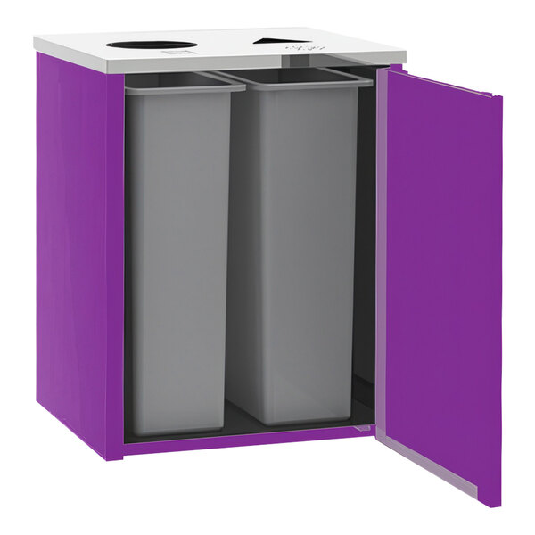 A Lakeside rectangular refuse/recycling station with purple and white laminate finish and two compartments.