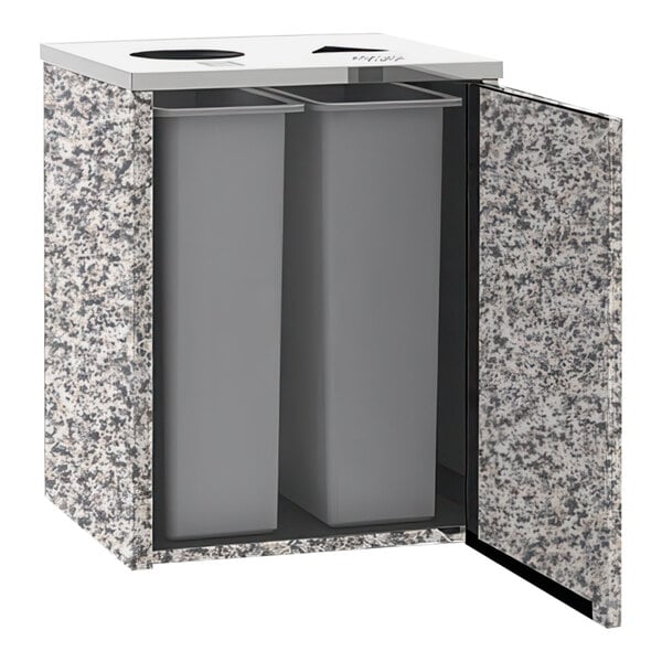 A Lakeside stainless steel rectangular refuse and recycling station with gray sand laminate finish and top access.