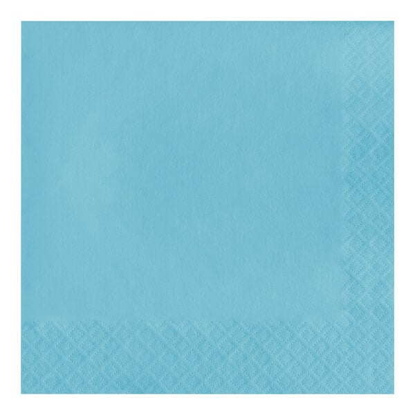 A close-up of a Creative Converting Pastel Blue 2-Ply Luncheon Napkin with a diamond pattern and white border.