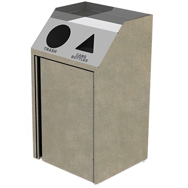 A grey rectangular Lakeside recycling station with a beige top and two doors.