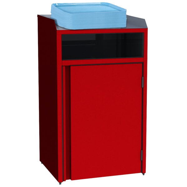 A red cabinet with a glass door and a Lakeside stainless steel refuse station inside.