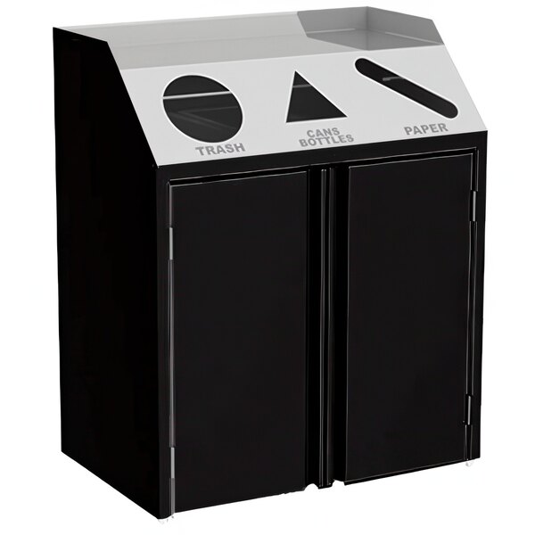 A Lakeside stainless steel rectangular refuse, recycle, and paper station with black laminate finish and front access.