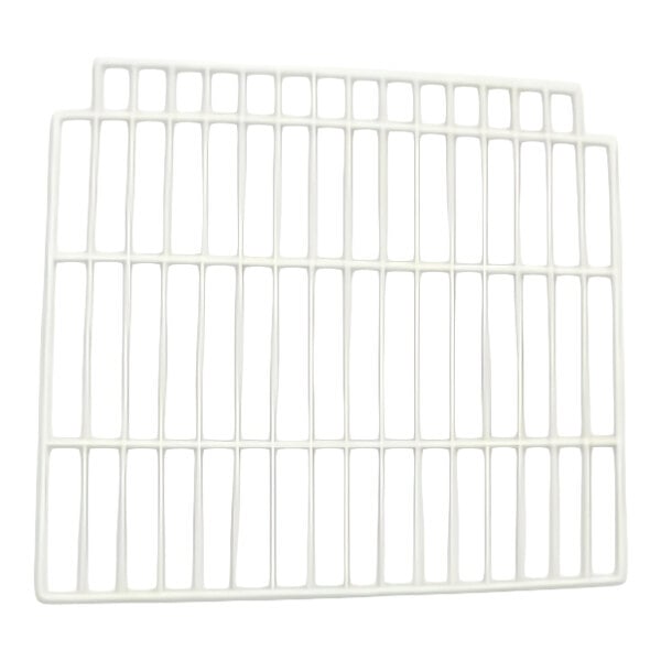 A white rectangular wire grid shelf with evenly spaced vertical and horizontal bars.