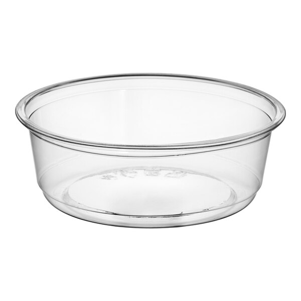 A clear, round 8 oz. plastic deli container.