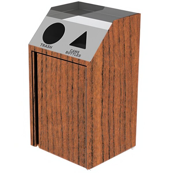 A Lakeside wooden recycling station with two doors and a black and silver lid.