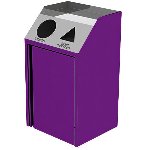 A purple recycling station with a silver top.