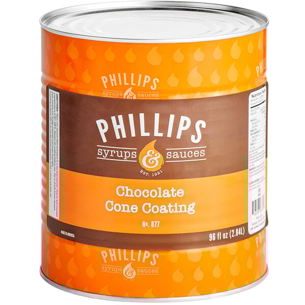 A #10 can of Phillips Chocolate Ice Cream Shell Coating on a white background.