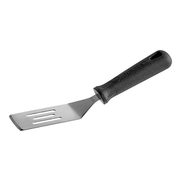A Tablecraft FirmGrip mini slotted turner with a black handle and silver blade.