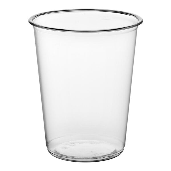 A clear, round 32 oz. plastic deli container.