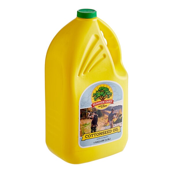 A yellow jug of Cottonseed Oil with a label on it.