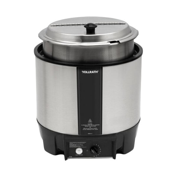 A stainless steel round food warmer with a lid and control knob, designed for rethermalizing and serving hot foods.