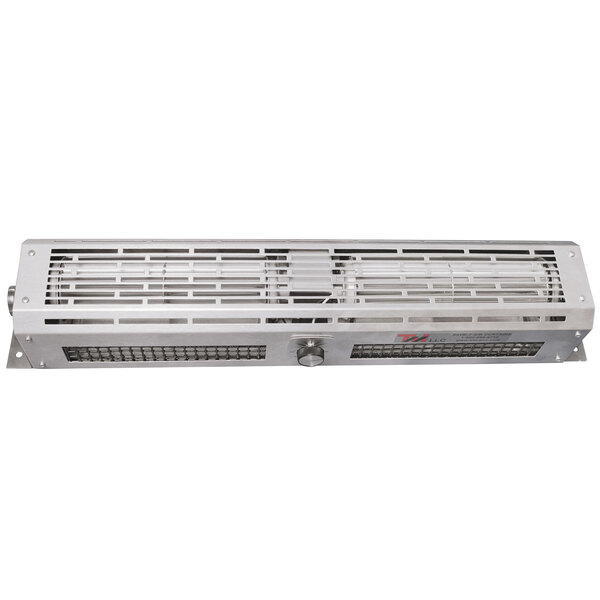 A close-up of a metal Curtron air curtain.