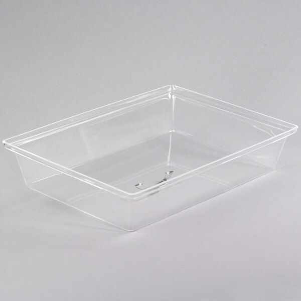 A clear plastic rectangular tray cover.