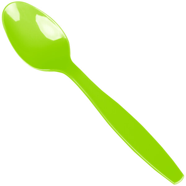 A lime green heavy weight plastic spoon.
