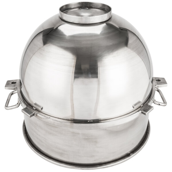 A silver stainless steel Vollrath 60 qt. bowl with two handles and a lid.