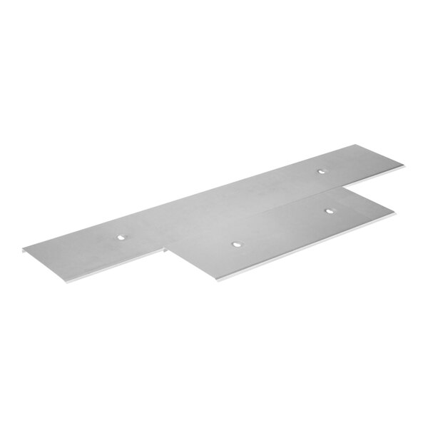 A flat metal frost shield with four holes, designed for use in ice cream dipping cabinets.