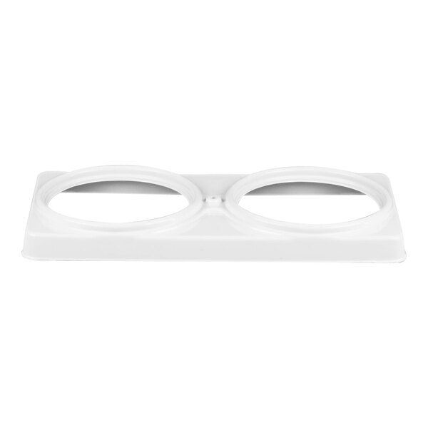 A white plastic can holder designed for DD-26 Series ice cream dipping cabinets with two circular openings.