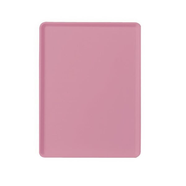 A pink rectangular tray with a white background.