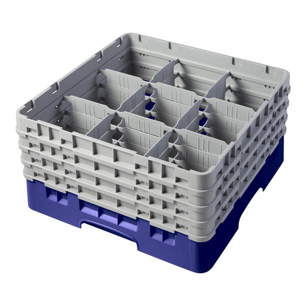 A navy blue plastic container with 9 compartments for glasses.