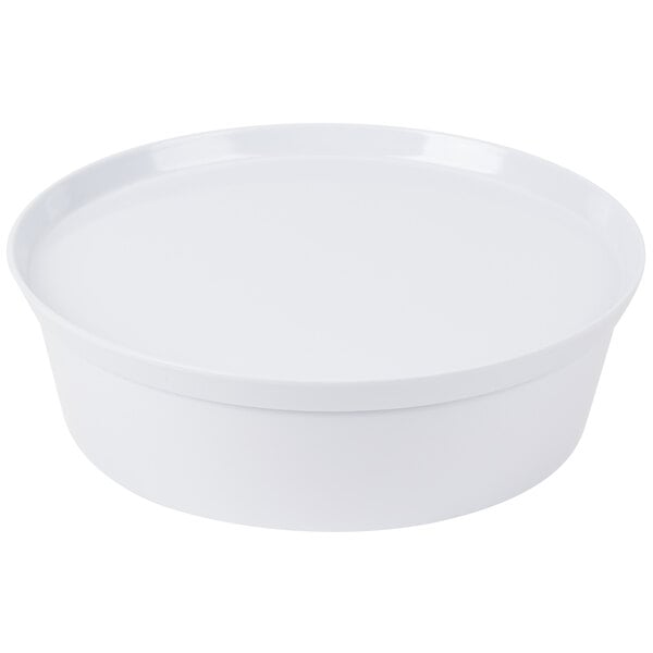 A round, white, lidded container with smooth sides and a flat top.