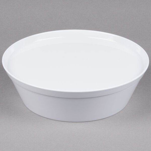 A white round melamine container with a white lid.
