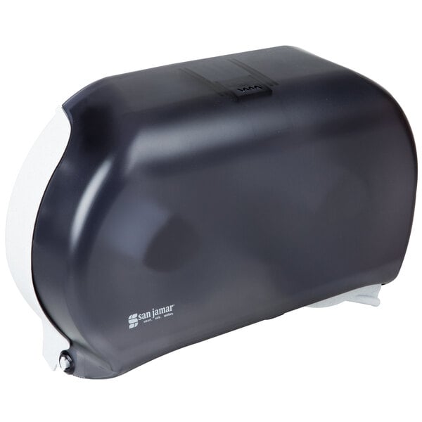 A black San Jamar Twin Classic double roll toilet paper dispenser.
